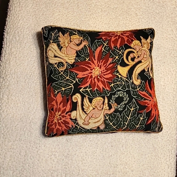 VTG Christmas Pillow by Tapisserie Tapestre Small Burgundy Red / Angel/floral - Picture 1 of 15